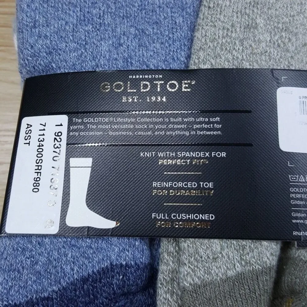 GOLD TOE Crew Socks Mens Blue White 6-Pack HARRINGTON Ribbed Cotton Knit